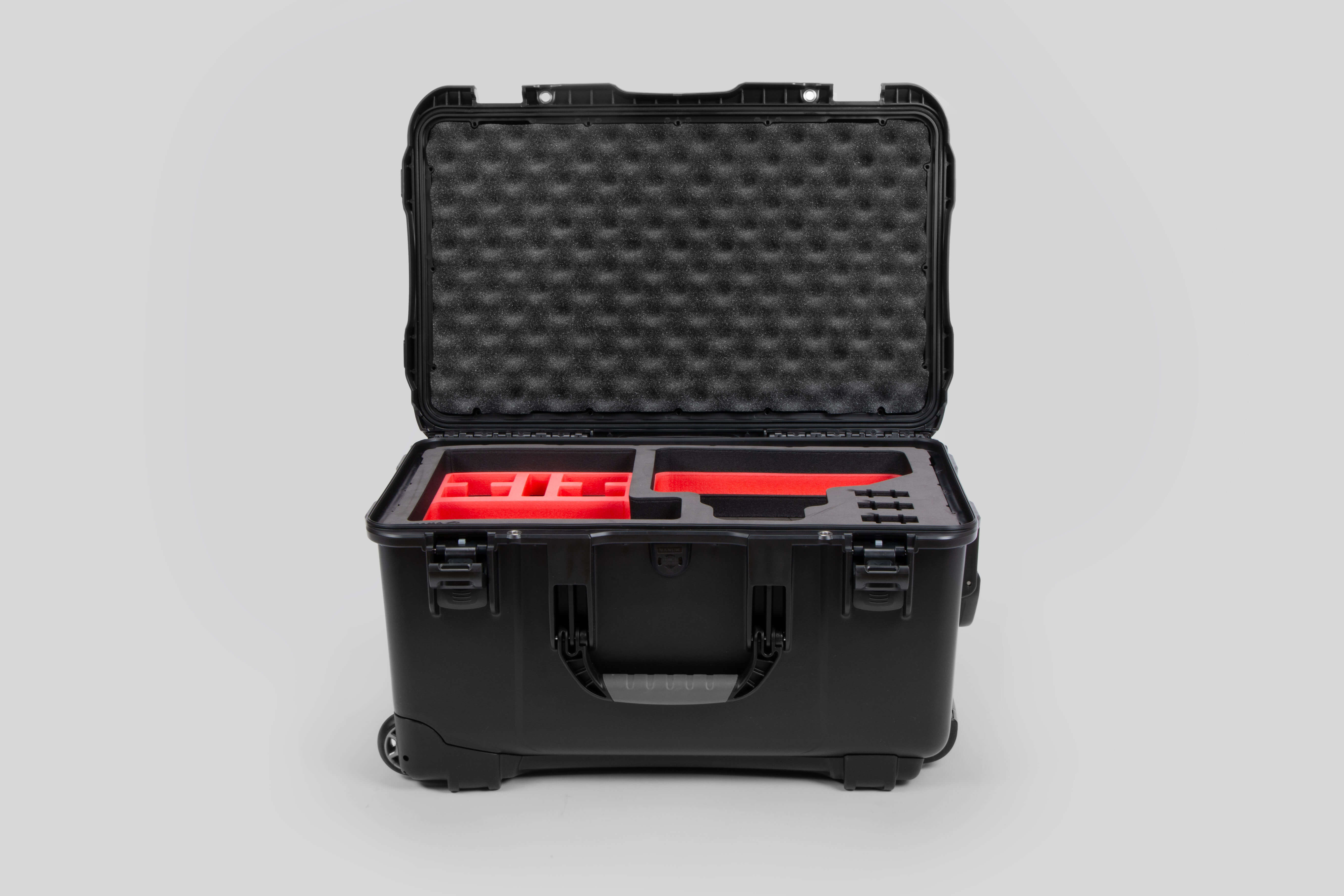 Front view of Black Color Canon C400 Studio Case and Red Layer Custom Foam Insert