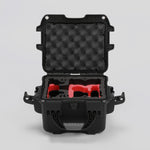 Front view of DJI Neo Black Color Adventure Ready Compact Waterproof Carry-on Case and Custom Foam Insert with a Red Layer for DJI Neo