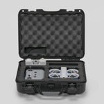 Front view of Foama black all-weather carry-on case with stylish blue layer insert, holding DJI Neo