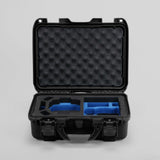 Front View of a DJI Mini 3 & 4 Pro Black Color Hard Case with Custom Blue Foam Insert
