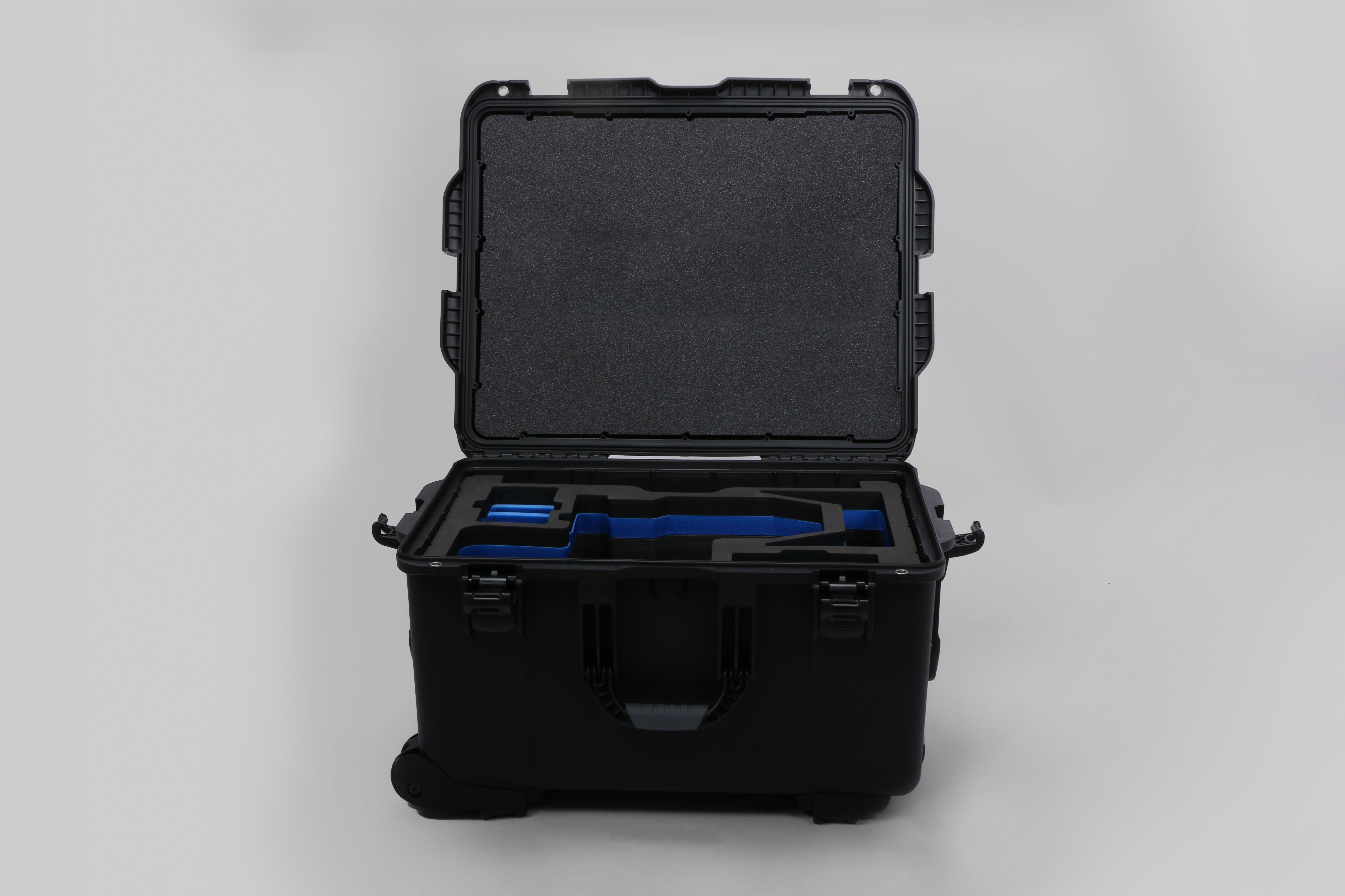 Front view of Black ARRI Alexa 35 Studio Case with Blue Custom Foam Insert for Alexa Camera And Accessories