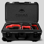 Front view of Foama Black Color Carry-on case and Custom Foam Insert with Red Layer for RED Komodo-X