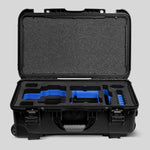 Front view of a Red Raptor-X Black Color Carry-on Case with Custom Blue Foam Insert