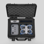 Top view of Foama black all-weather carry-on case with stylish blue layer insert, holding DJI Neo