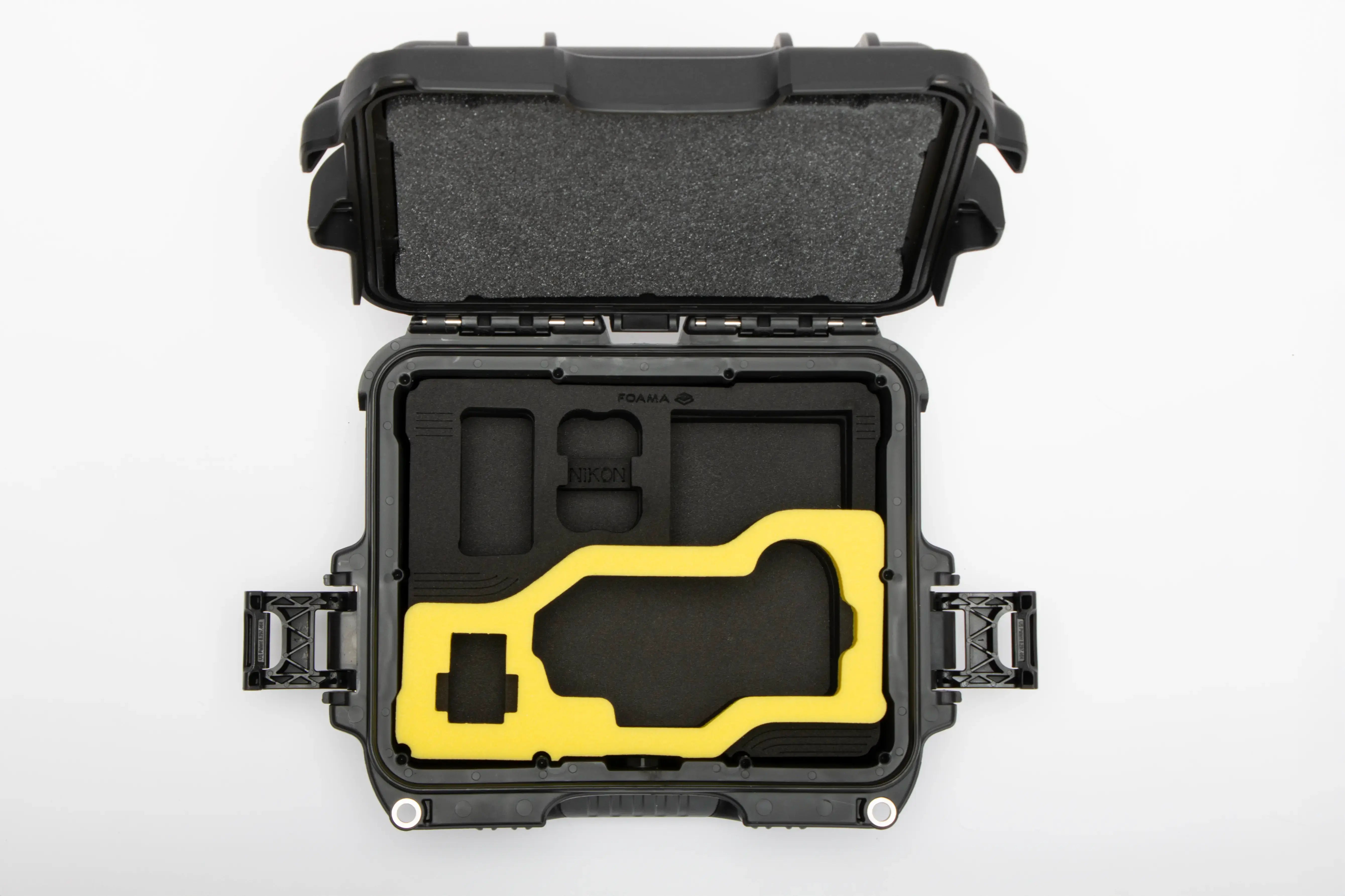 Top view of Black Nikon Compact Camera Case for Z8, Z7 lI, Z6 lI, Z6 III with Yellow Layer Custom Foam Insert