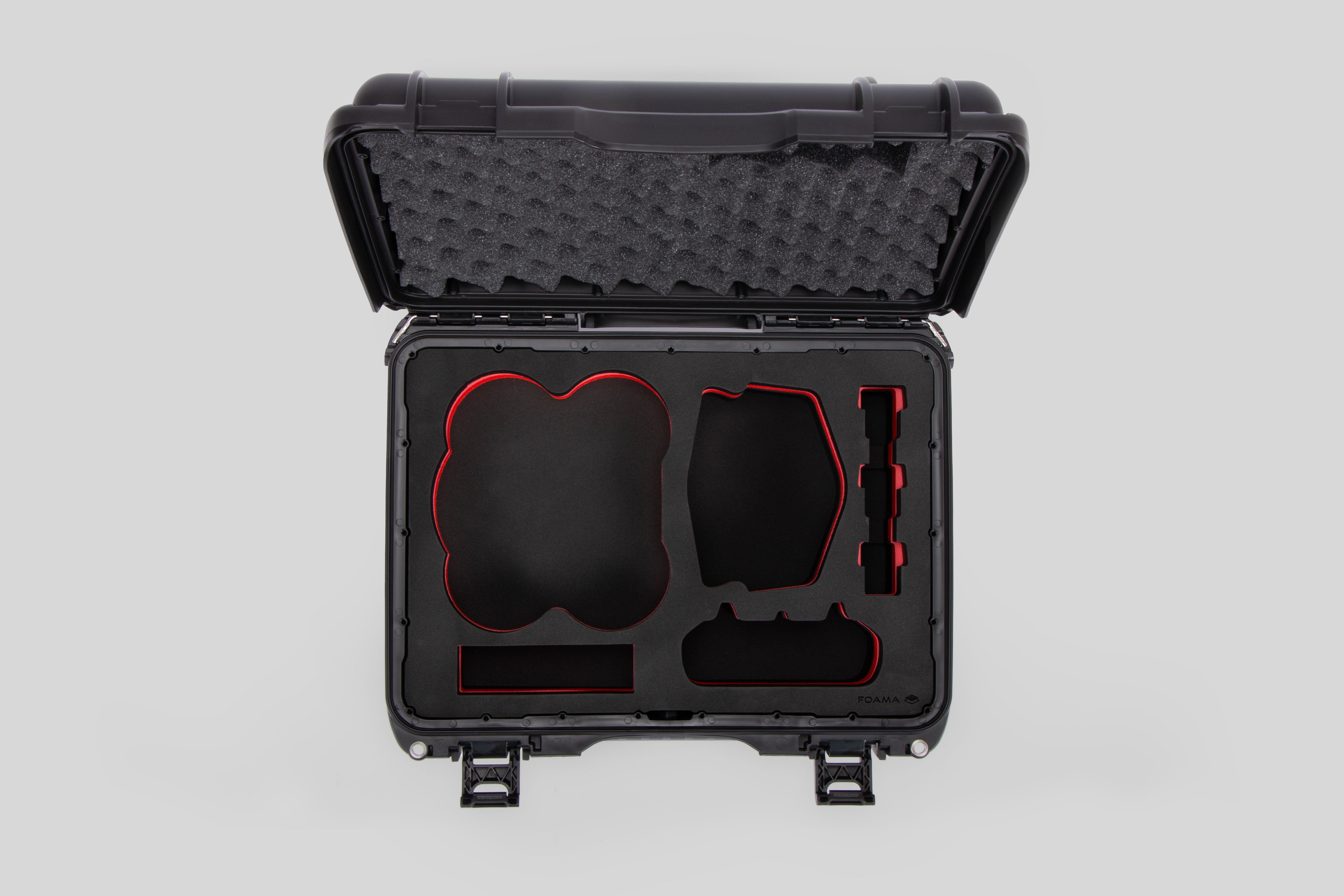 Top view of DJI Avata 2 Fly More Combo Black Color Waterproof Hard Case and Custom Foam Insert with a Red Layer