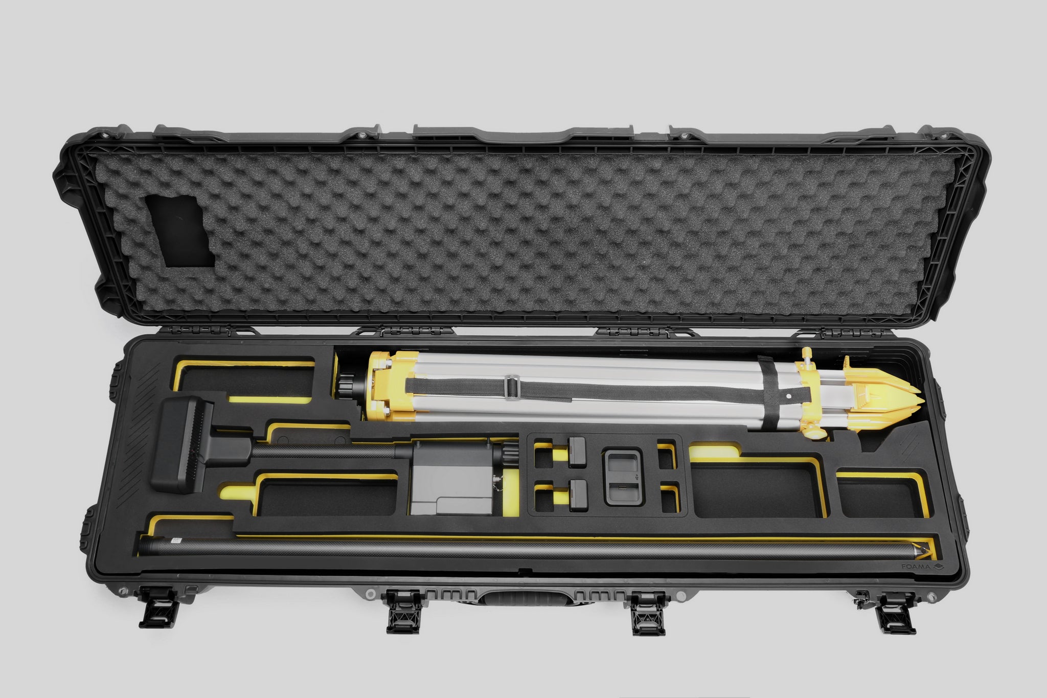 Top view of Foama Fortified Black Color Hard Case and Custom Foam Insert with Yellow Layer for DJI D-RTK 2 Mobile Station