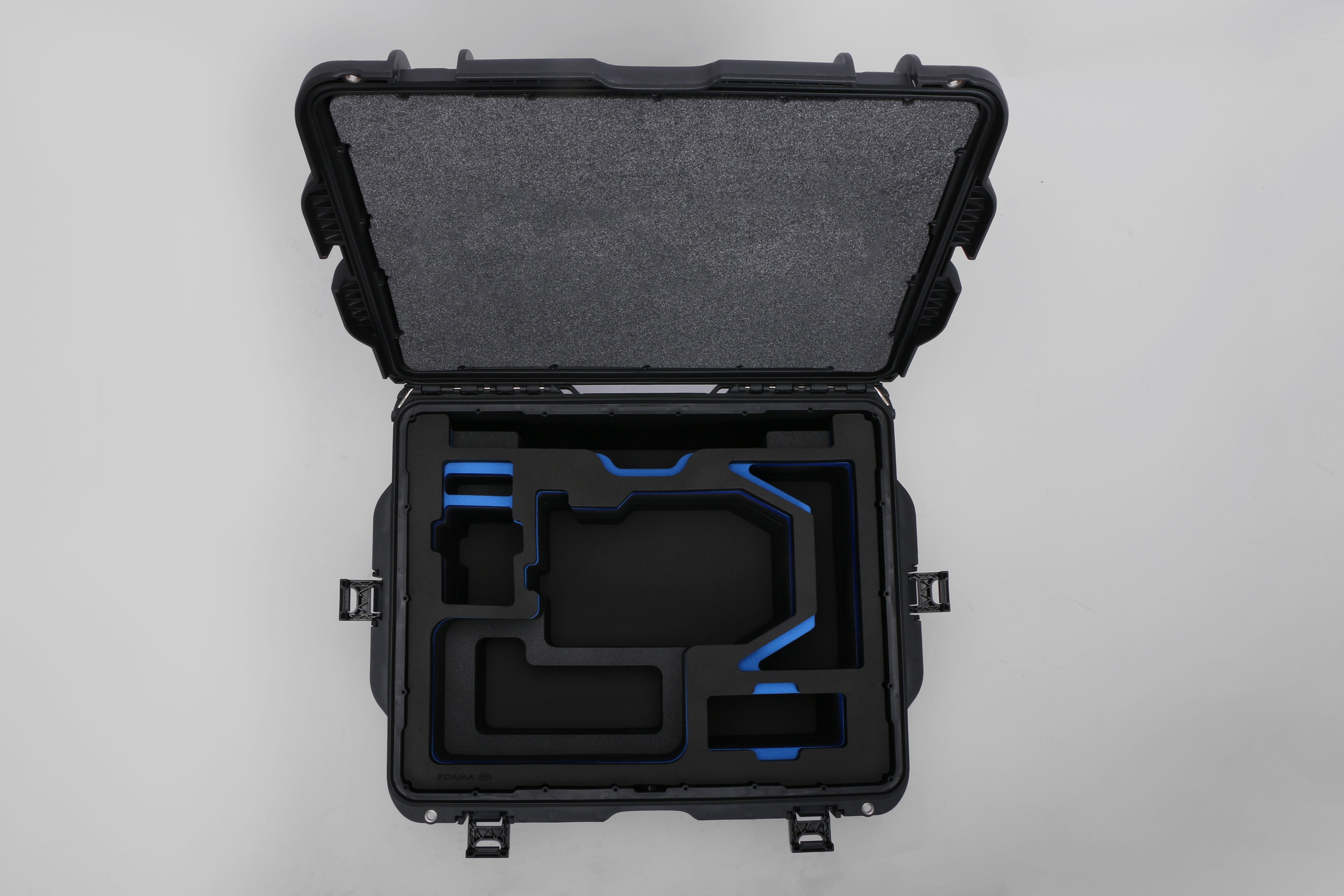 Top view of Black ARRI Alexa 35 Studio Case with Blue Custom Foam Insert for Alexa Camera And Accessories