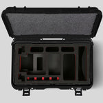 Top view of Black Color ARRI HI-5 Carry-On Case with Red Layer Custom Foam Insert