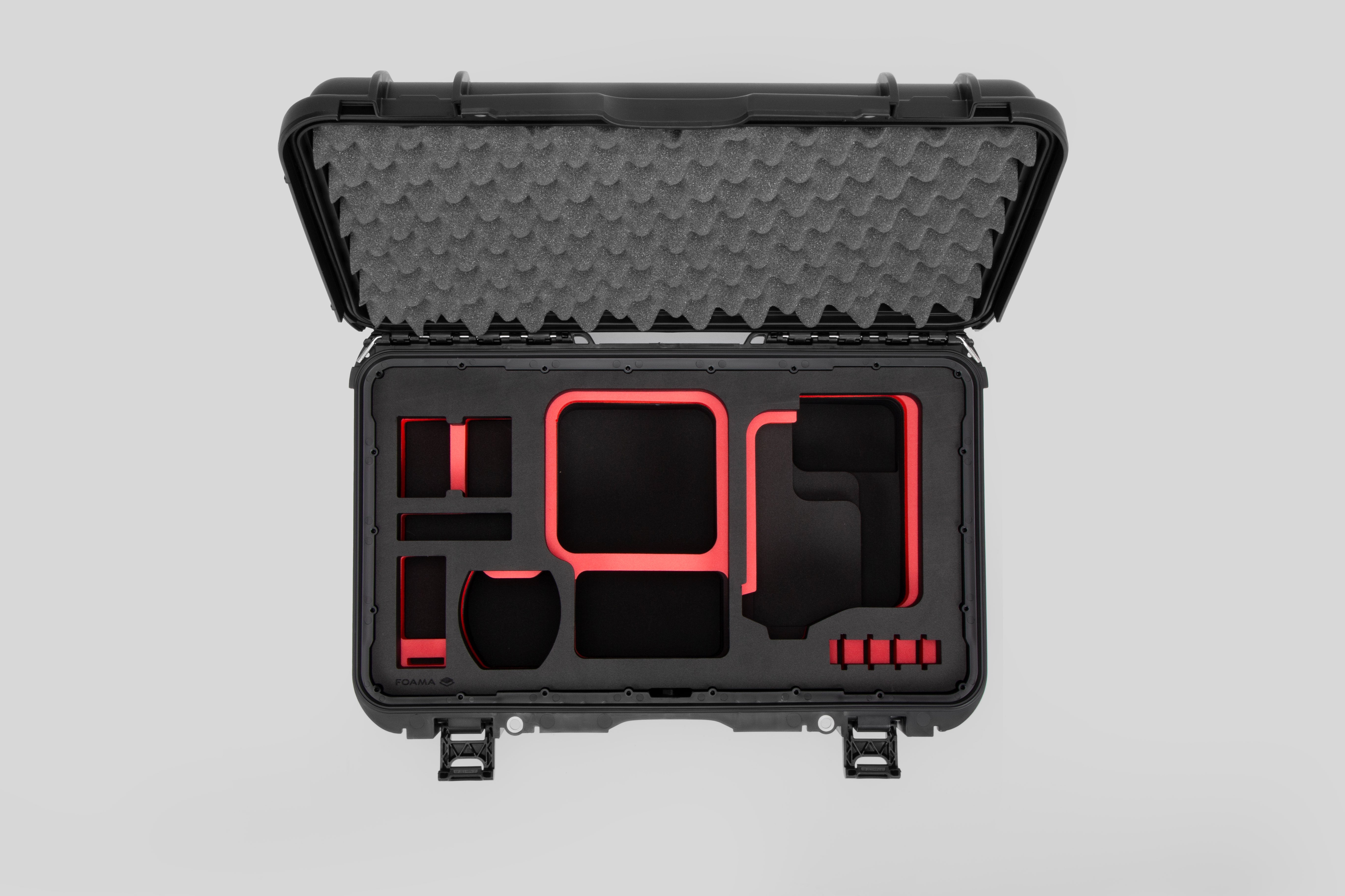 Top view of Black Color Canon C400 Camera Carry-on Case and Red Layer Custom Foam Insert