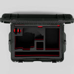 Top view of Olive Color Sony Burano Heavy Duty Roller Case and Custom Foam Insert with Red Layer  for Burano Camera And Accessories