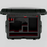 Top view of Olive Color Sony Burano Heavy Duty Roller Case and Custom Foam Insert with Red Layer  for Burano Camera And Accessories