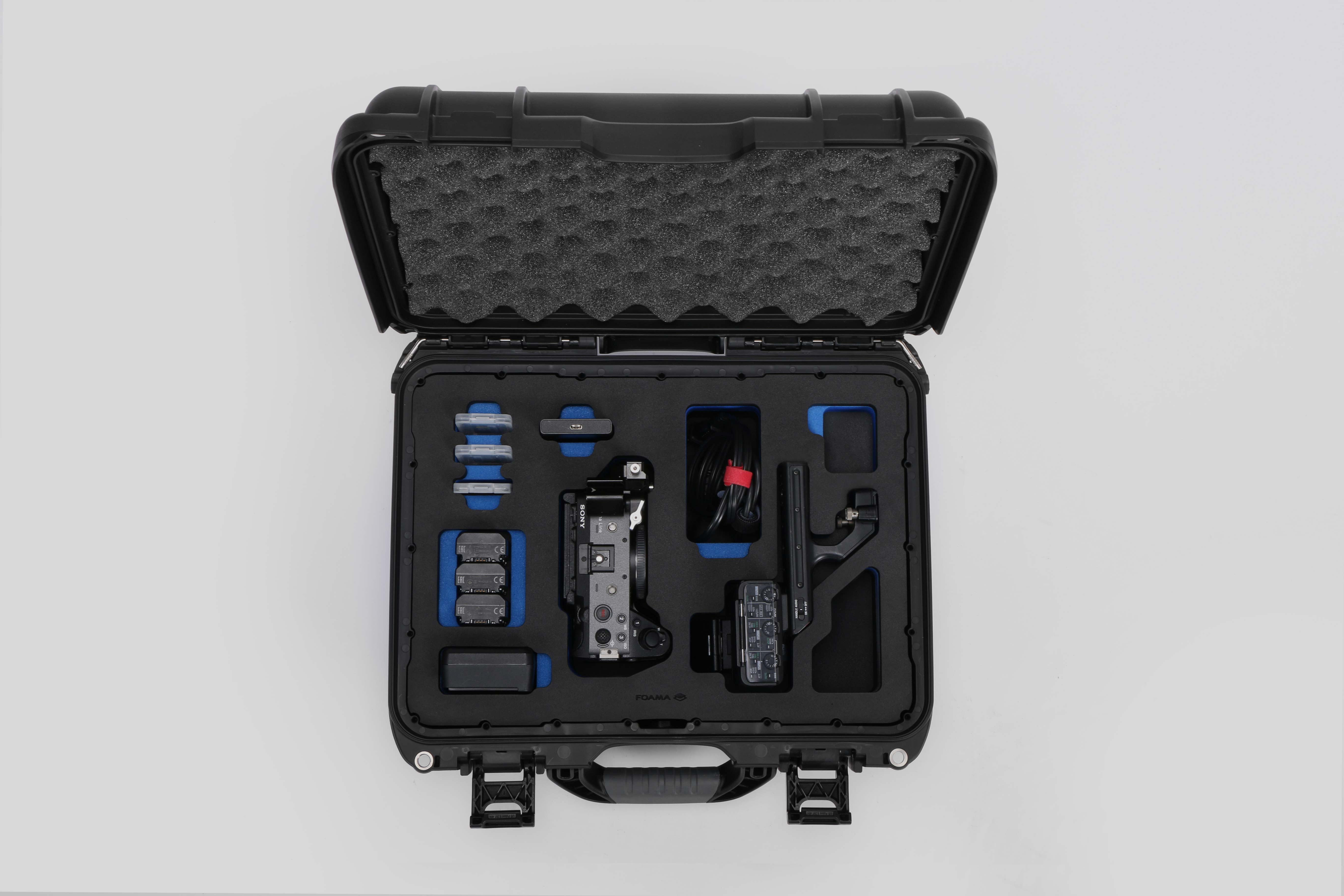 Top view of Foama Black Color Carry-on case and Blue Foam Insert for Sony FX-3 and Essential Accessories