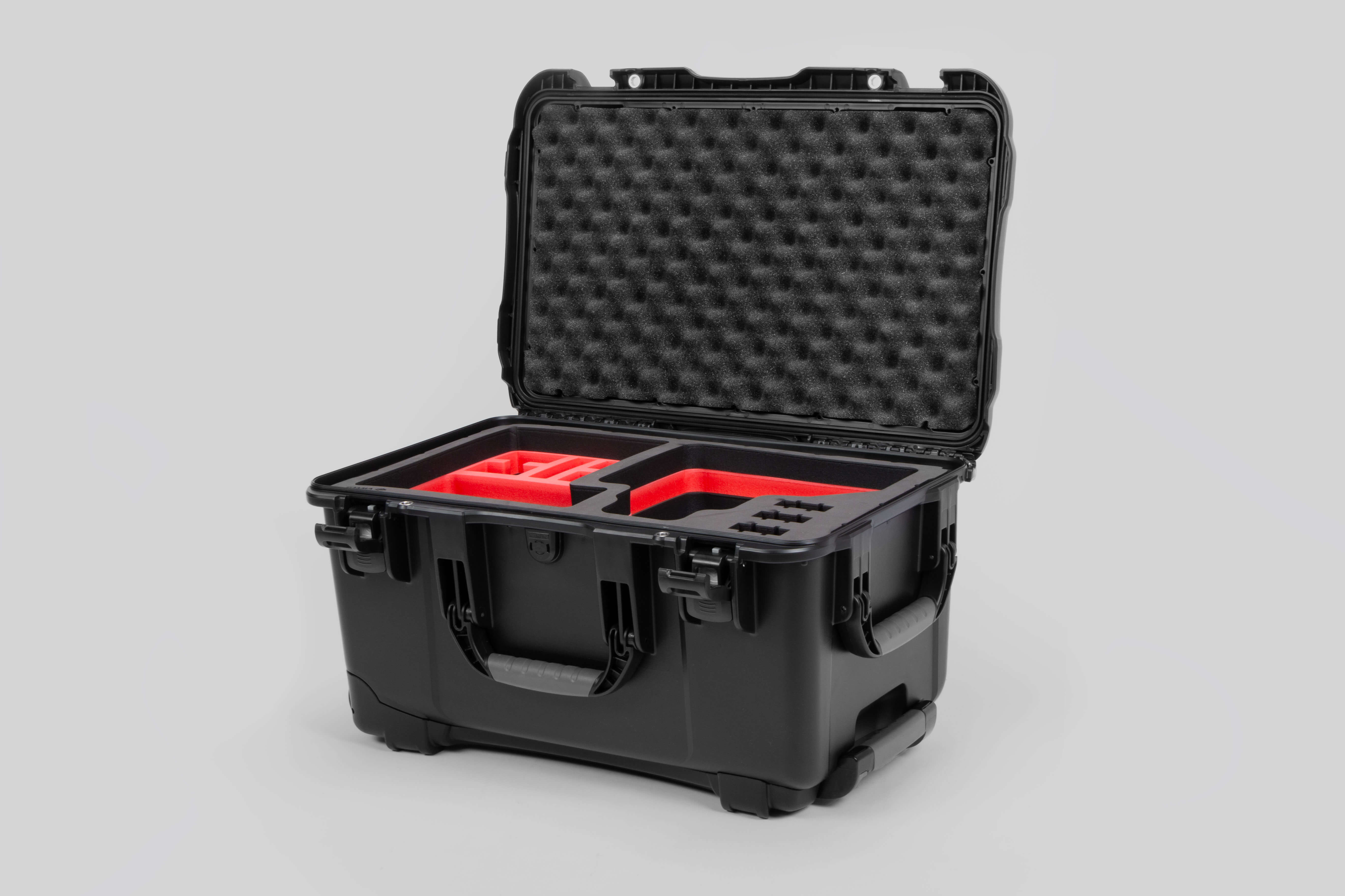 Angle view of Black Color Canon C400 Studio Case and Red Layer Custom Foam Insert