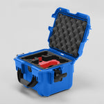 Angled view of DJI Neo Blue Color Adventure Ready Compact Waterproof Carry-on Case and Custom Foam Insert with a Red Layer for DJI Neo