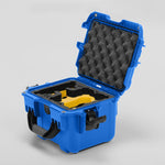 Angled view of DJI Neo Blue Color Adventure Ready Compact Waterproof Carry-on Case and Custom Foam Insert with a Yellow Layer for DJI Neo Combo