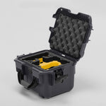 Angled view of DJI Neo Graphite Color Adventure Ready Compact Waterproof Carry-on Case and Custom Foam Insert with a Yellow Layer for DJI Neo