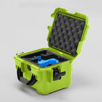 Angled view of DJI Neo Lime Color Adventure Ready Compact Waterproof Carry-on Case and Custom Foam Insert with a Blue Layer for DJI Neo