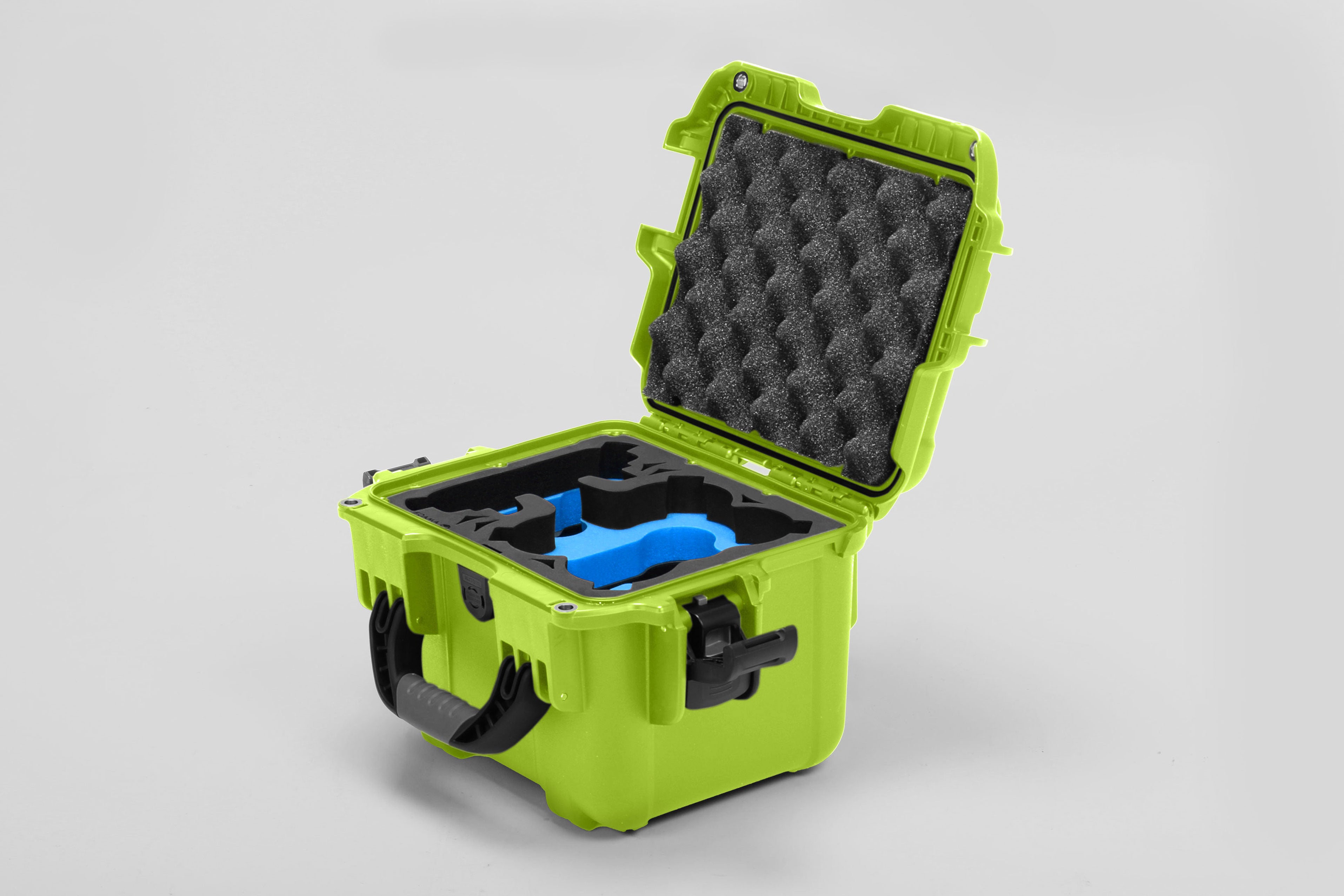 Angled view of DJI Neo Lime Color Adventure Ready Compact Waterproof Carry-on Case and Custom Foam Insert with a Blue Layer for DJI Neo