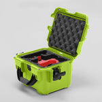 Angled view of DJI Neo Lime Color Adventure Ready Compact Waterproof Carry-on Case and Custom Foam Insert with a Red Layer for DJI Neo