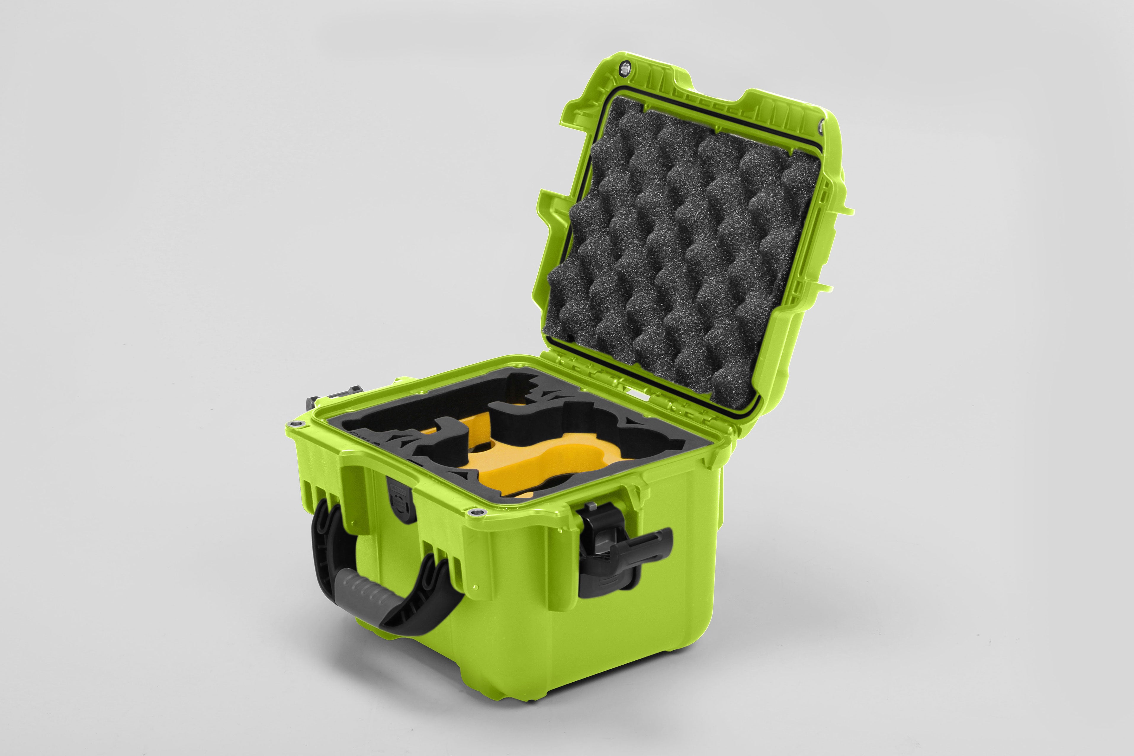 Angled view of DJI Neo Lime Color Adventure Ready Compact Waterproof Carry-on Case and Custom Foam Insert with a Yellow Layer for DJI Neo