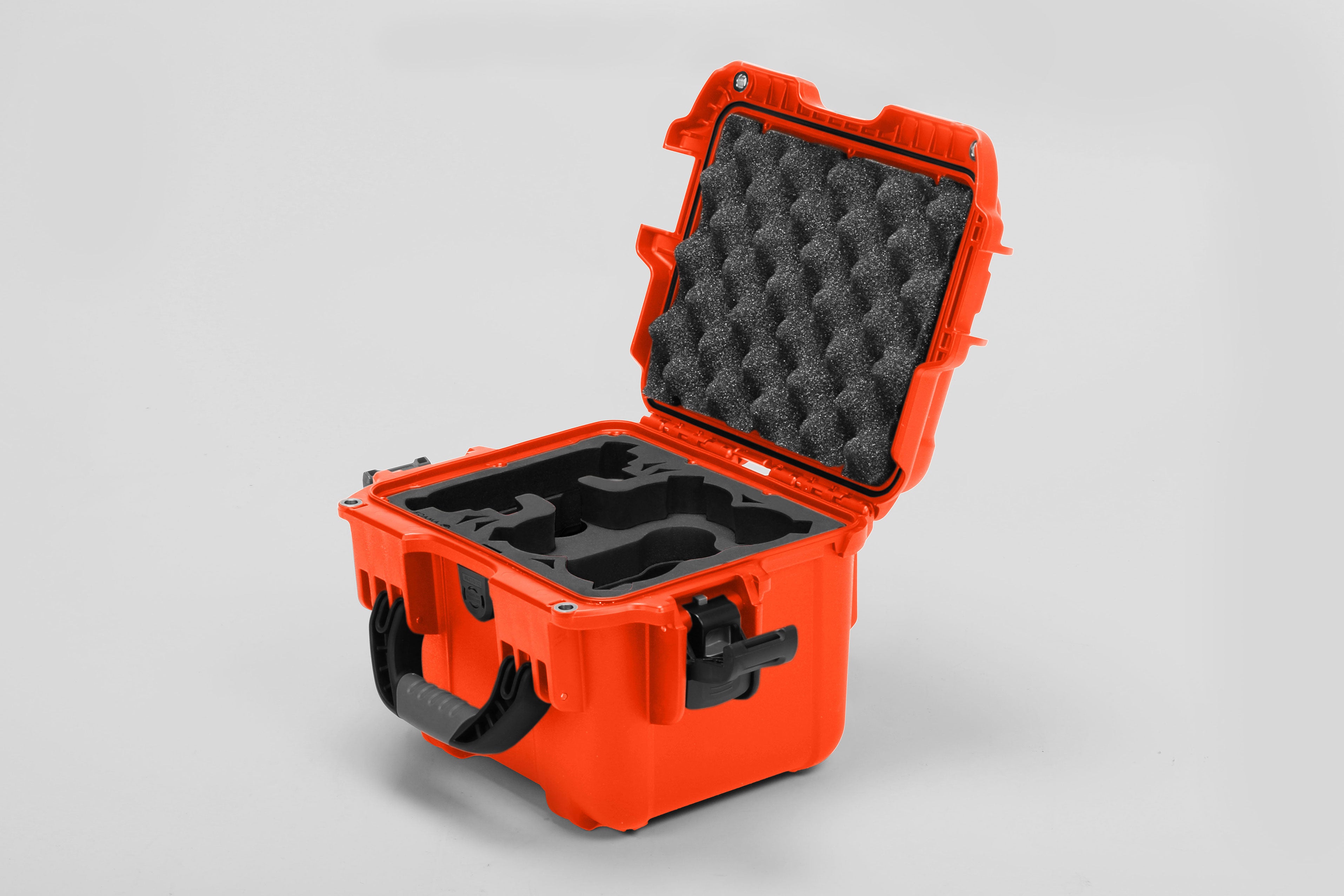 Angled view of DJI Neo Orange Color Adventure Ready Compact Waterproof Carry-on Case and Black Custom Foam Insert