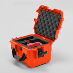 Angled view of DJI Neo Orange Color Adventure Ready Compact Waterproof Carry-on Case and Custom Foam Insert with a Red Layer for DJI Neo Combo