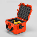 Angled view of DJI Neo Orange Color Adventure Ready Compact Waterproof Carry-on Case and Custom Foam Insert with a Yellow Layer for DJI Neo Combo
