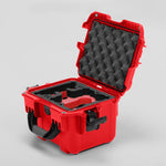 Angled view of DJI Neo Red Color Adventure Ready Compact Waterproof Carry-on Case and Custom Foam Insert with a Red Layer for DJI Neo