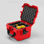 Angled view of DJI Neo Red Color Adventure Ready Compact Waterproof Carry-on Case and Custom Foam Insert with a Yellow Layer for DJI Neo Combo