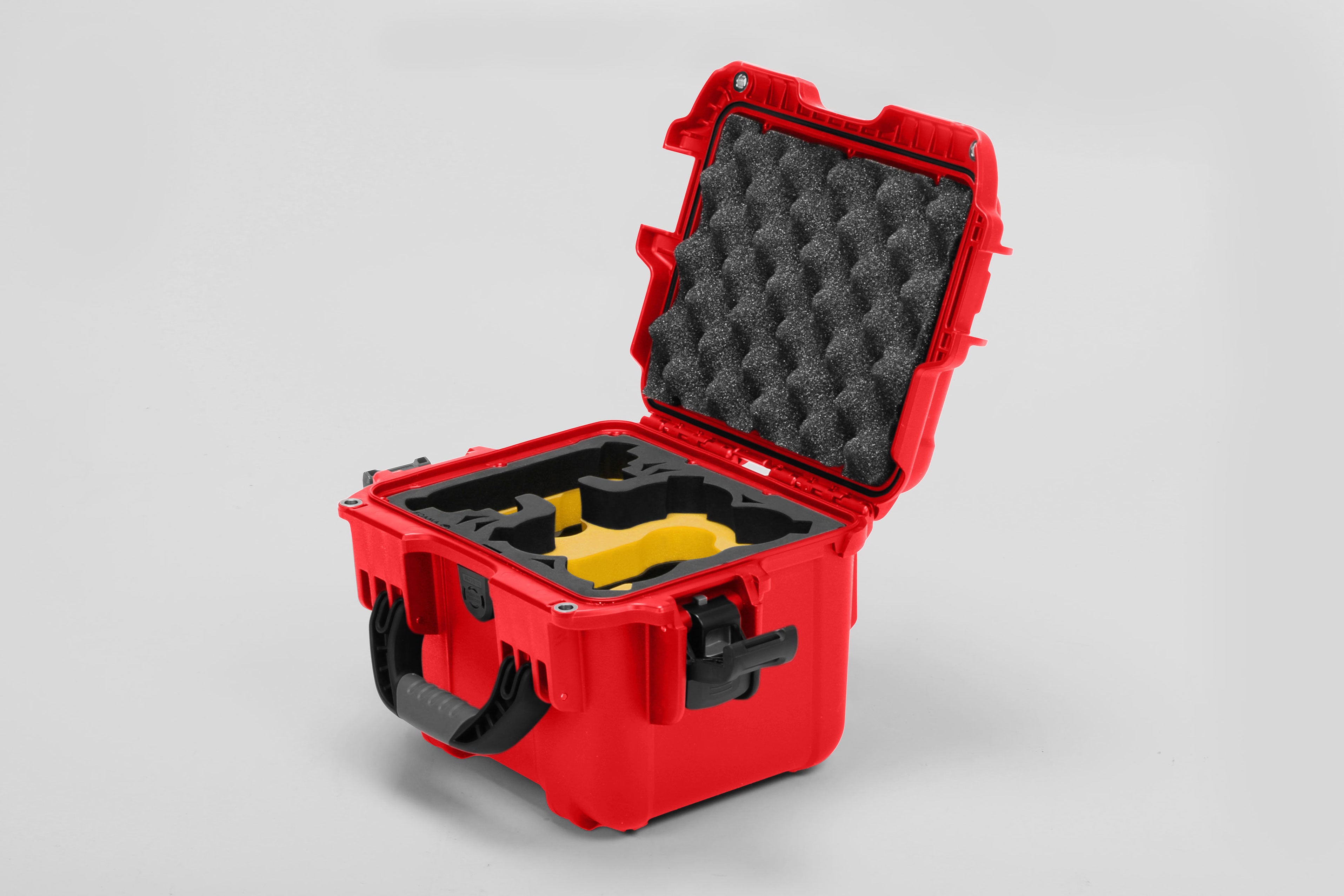 Angled view of DJI Neo Red Color Adventure Ready Compact Waterproof Carry-on Case and Custom Foam Insert with a Yellow Layer for DJI Neo Combo