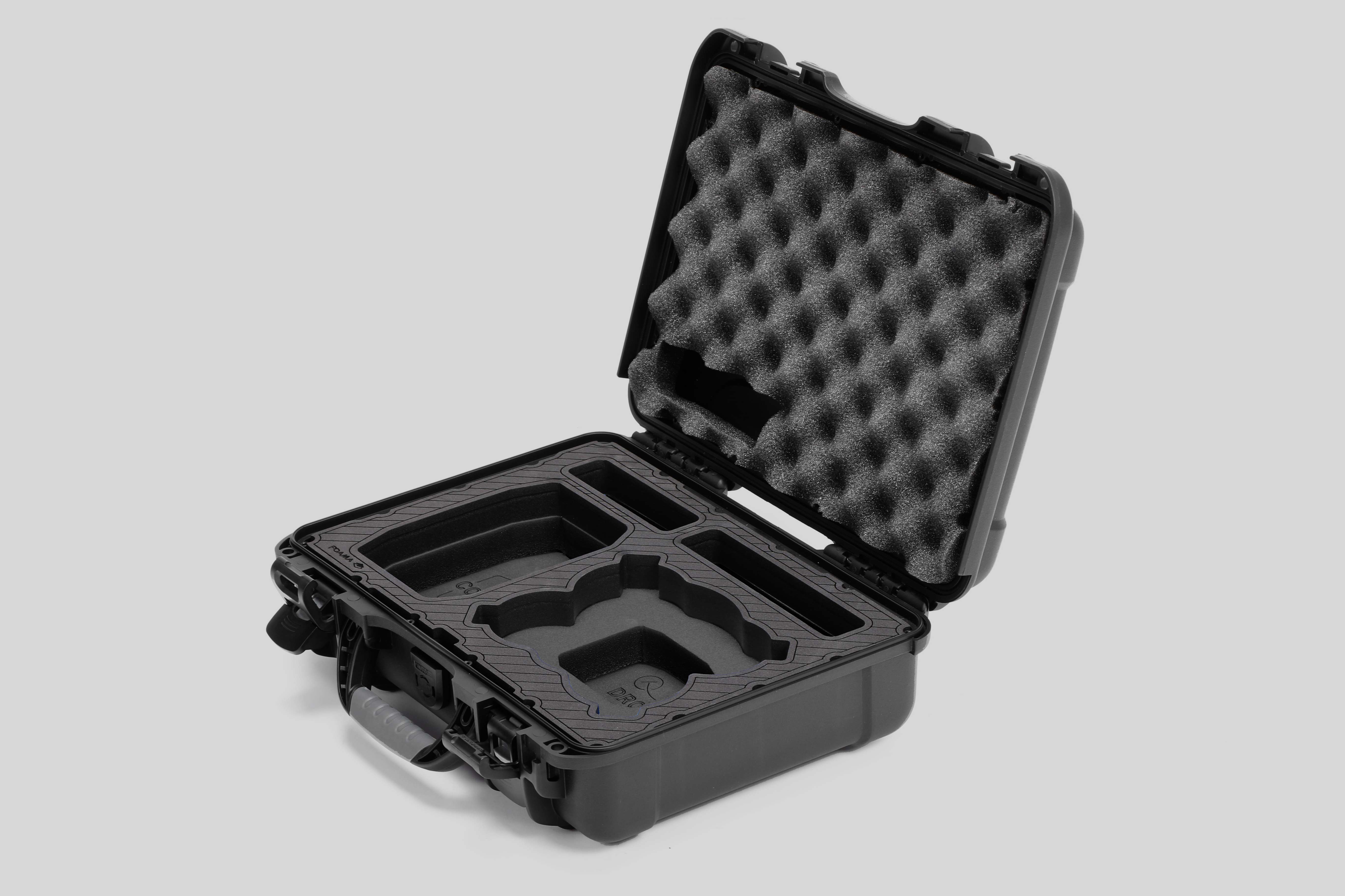 Angled view of Foama Black Color All-Weather Carry-on Case and Black Custom Foam Insert for DJI Neo