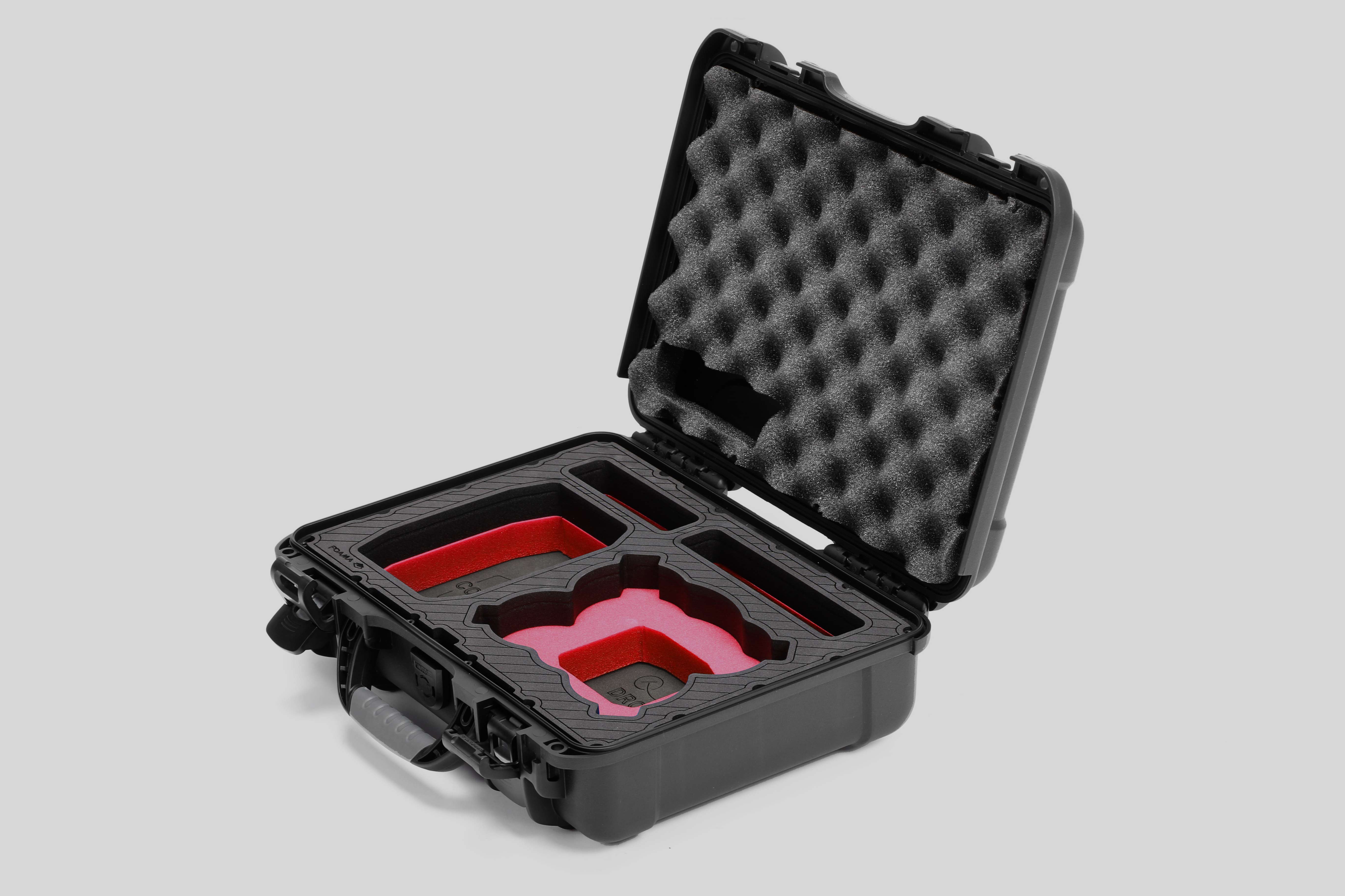Angled view of Foama Black Color All-Weather Carry-on Case and Custom Foam Insert with a Red Layer for DJI Neo