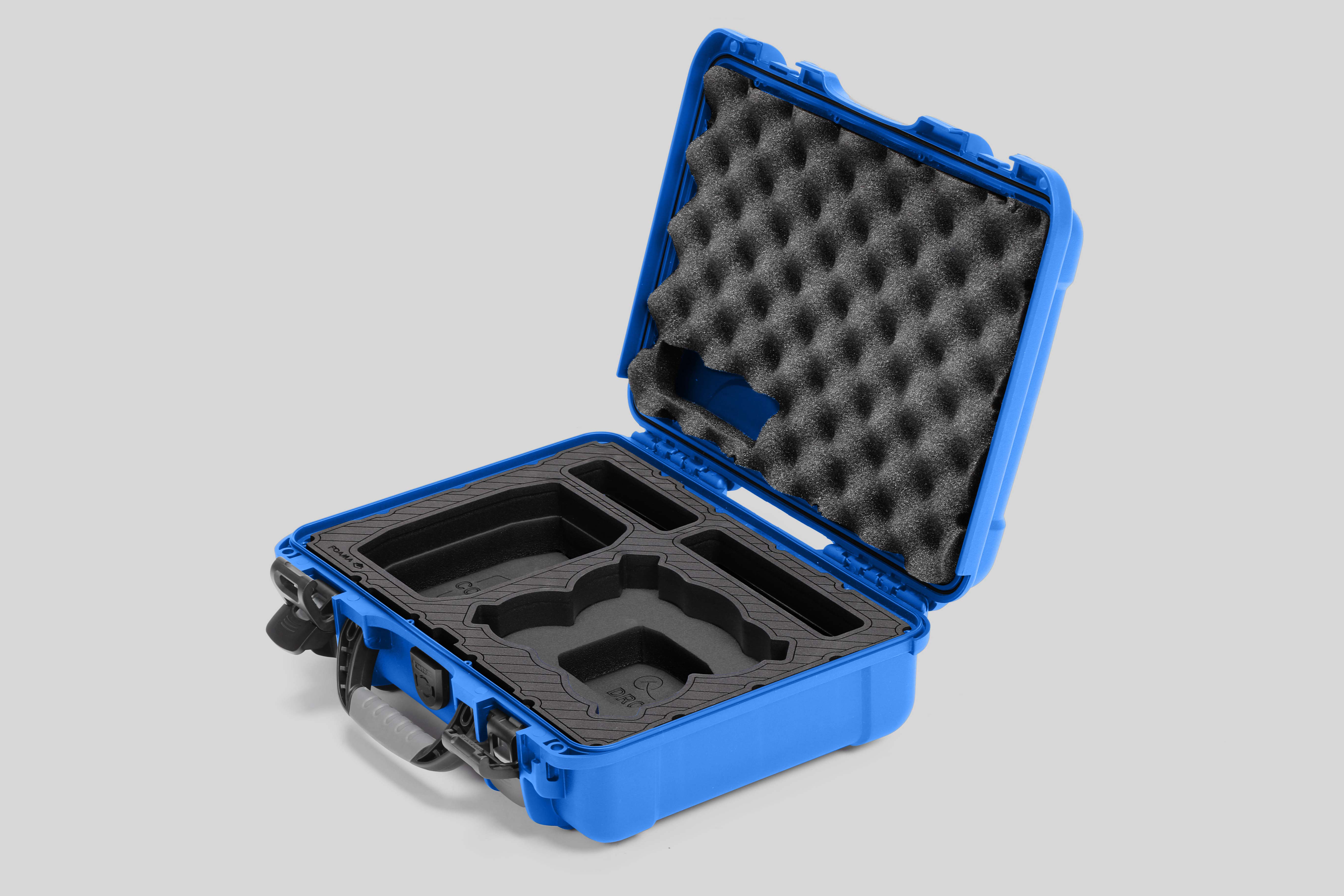 Angled view of Foama Blue Color All-Weather Carry-on Case and Black Custom Foam Insert for DJI Neo