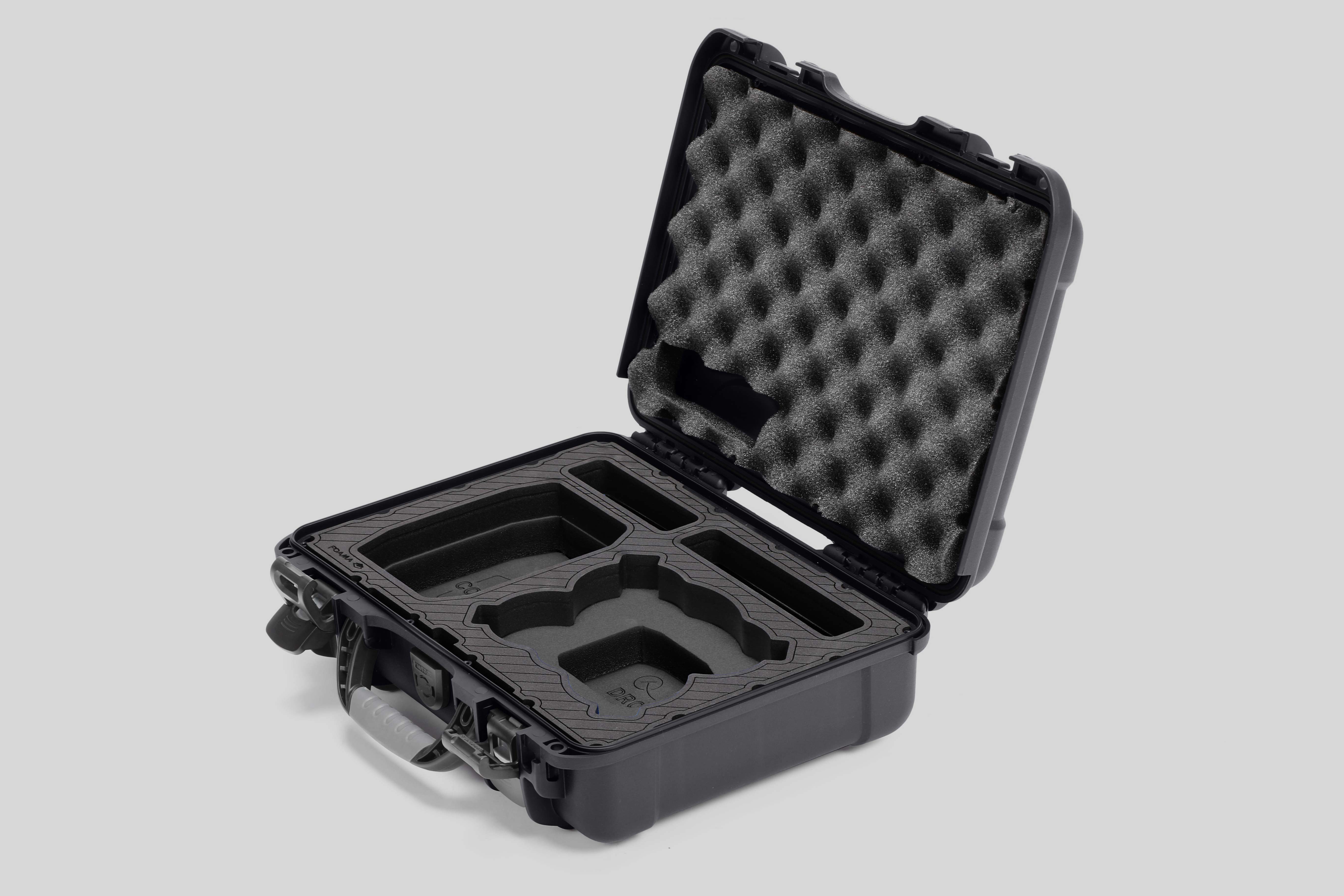 Angled view of Foama Graphite Color All-Weather Carry-on Case and Black Custom Foam Insert for DJI Neo