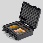 Angled view of Foama Graphite Color All-Weather Carry-on Case and Custom Foam Insert with a Yellow Layer for DJI Neo