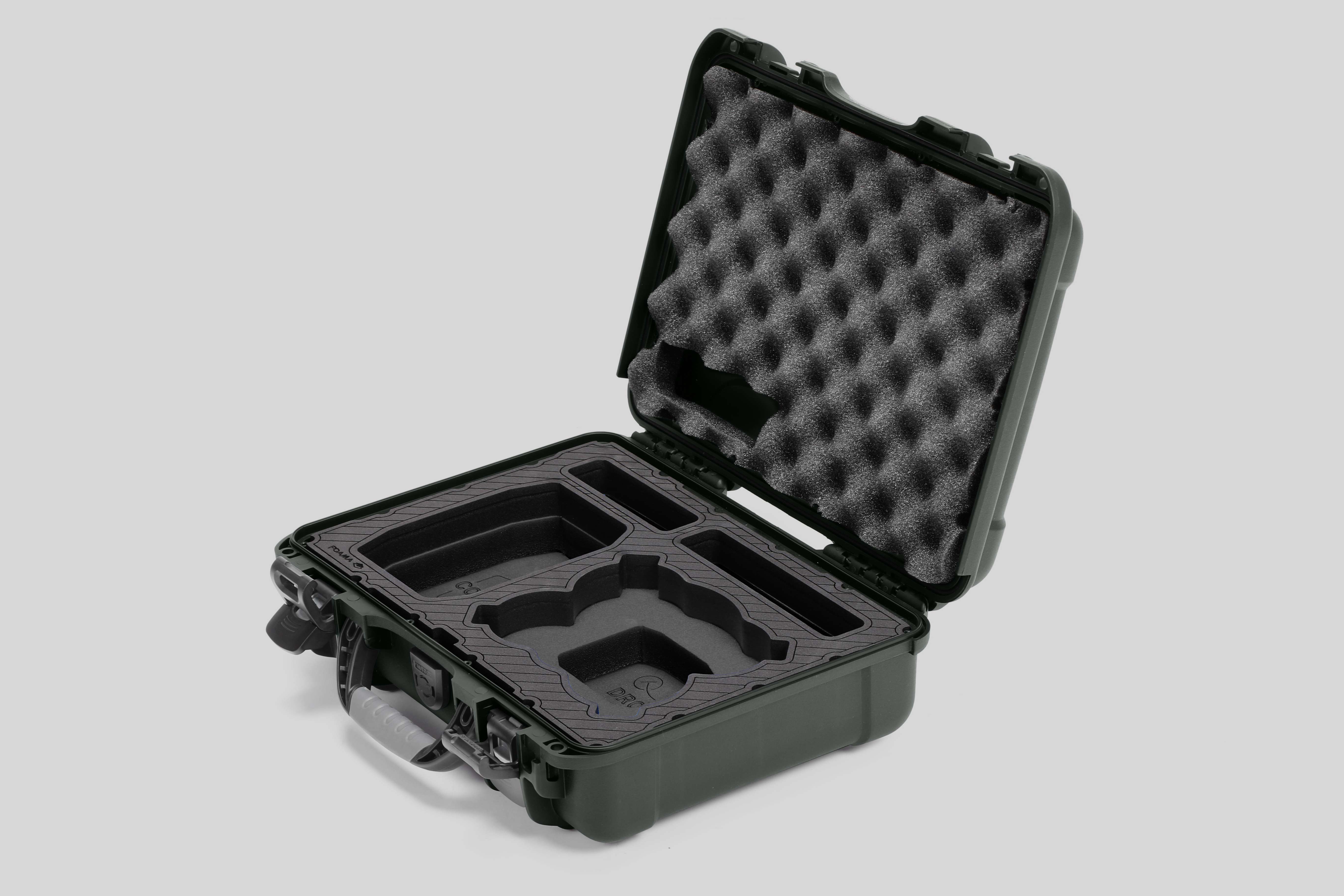 Angled view of Foama Olive Color All-Weather Carry-on Case and Black Custom Foam Insert for DJI Neo