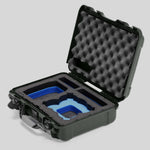 Angled view of Foama Olive Color All-Weather Carry-on Case and Custom Foam Insert with a Blue Layer for DJI Neo