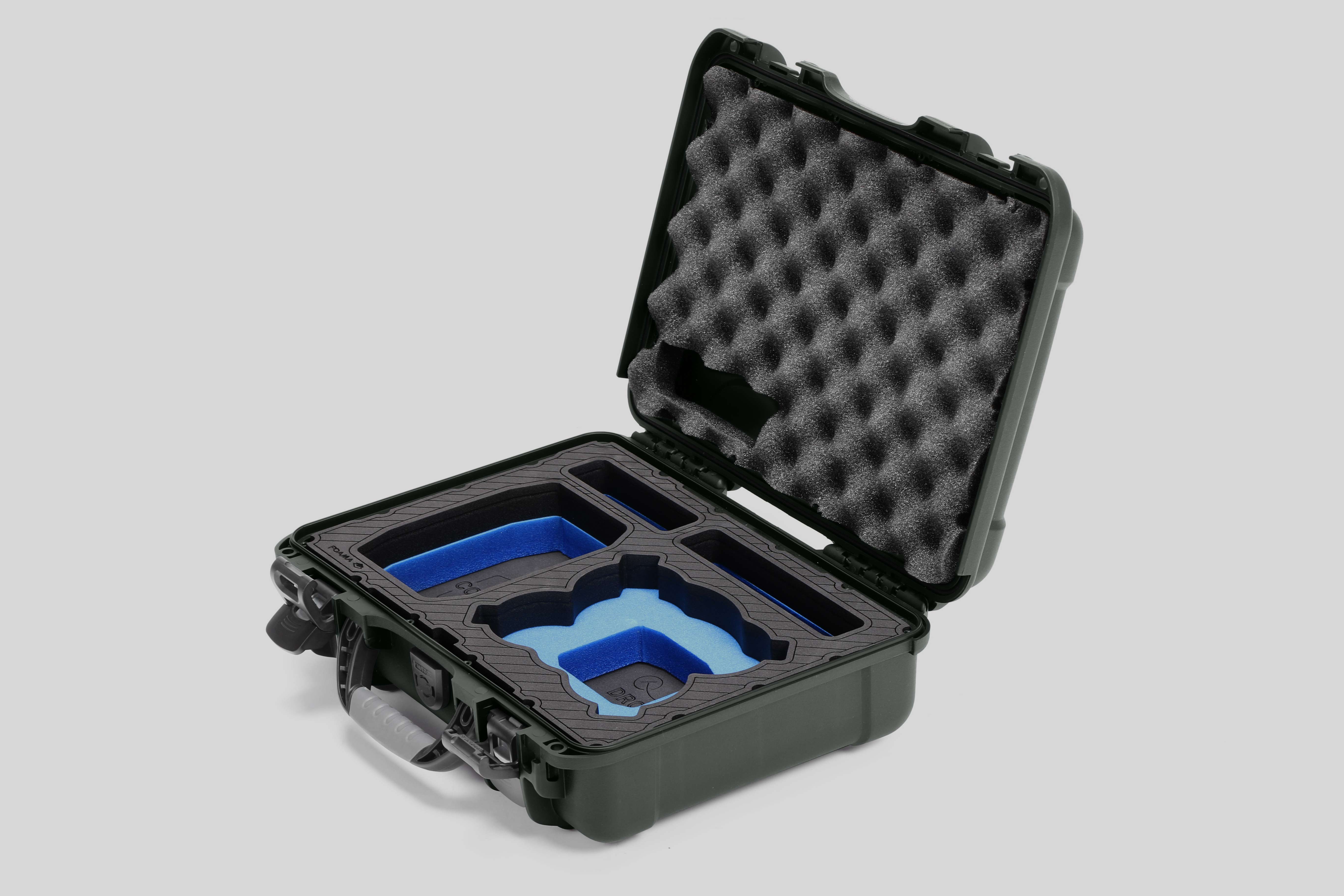 Angled view of Foama Olive Color All-Weather Carry-on Case and Custom Foam Insert with a Blue Layer for DJI Neo