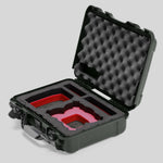 Angled view of Foama Olive Color All-Weather Carry-on Case and Custom Foam Insert with a Red Layer for DJI Neo