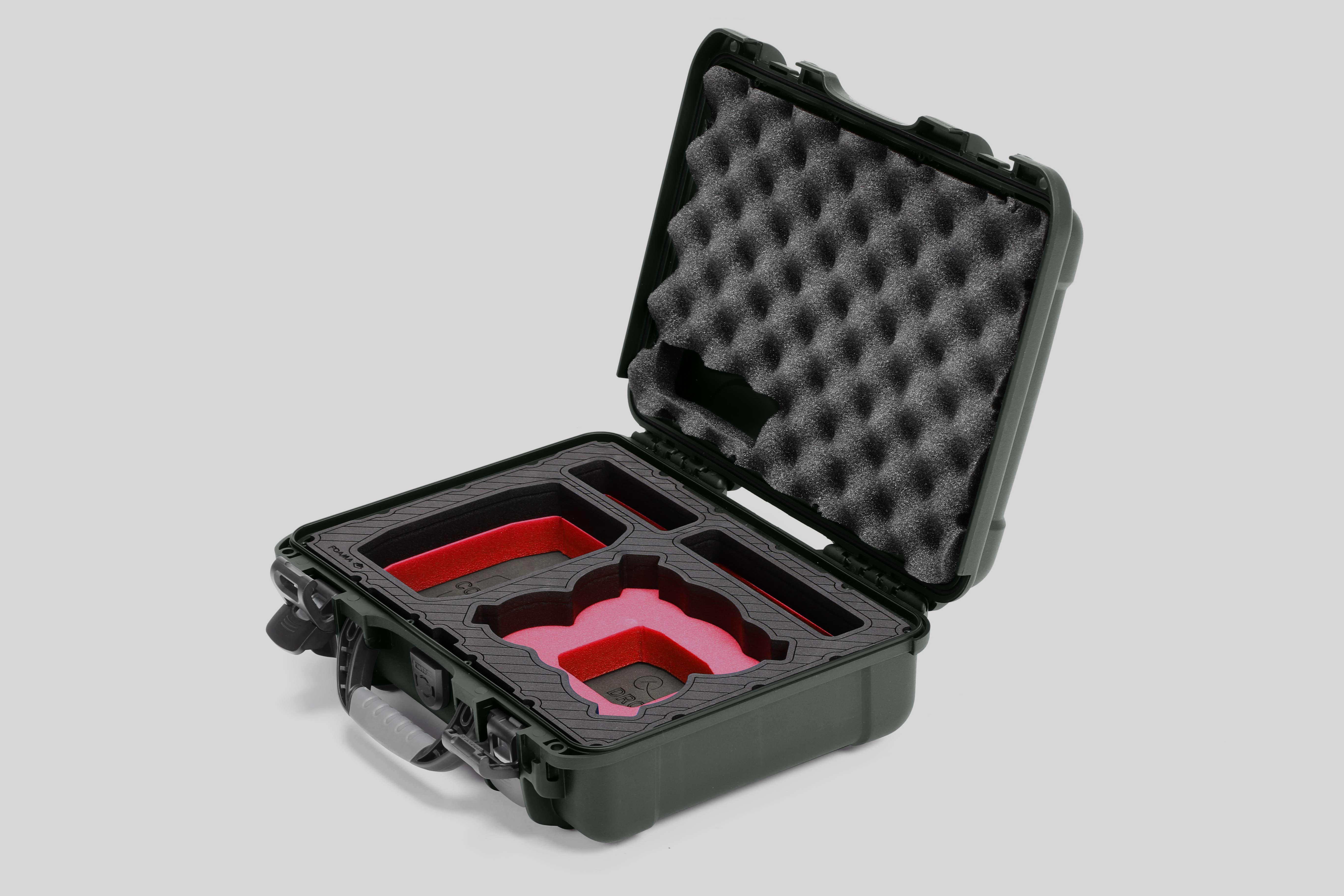 Angled view of Foama Olive Color All-Weather Carry-on Case and Custom Foam Insert with a Red Layer for DJI Neo