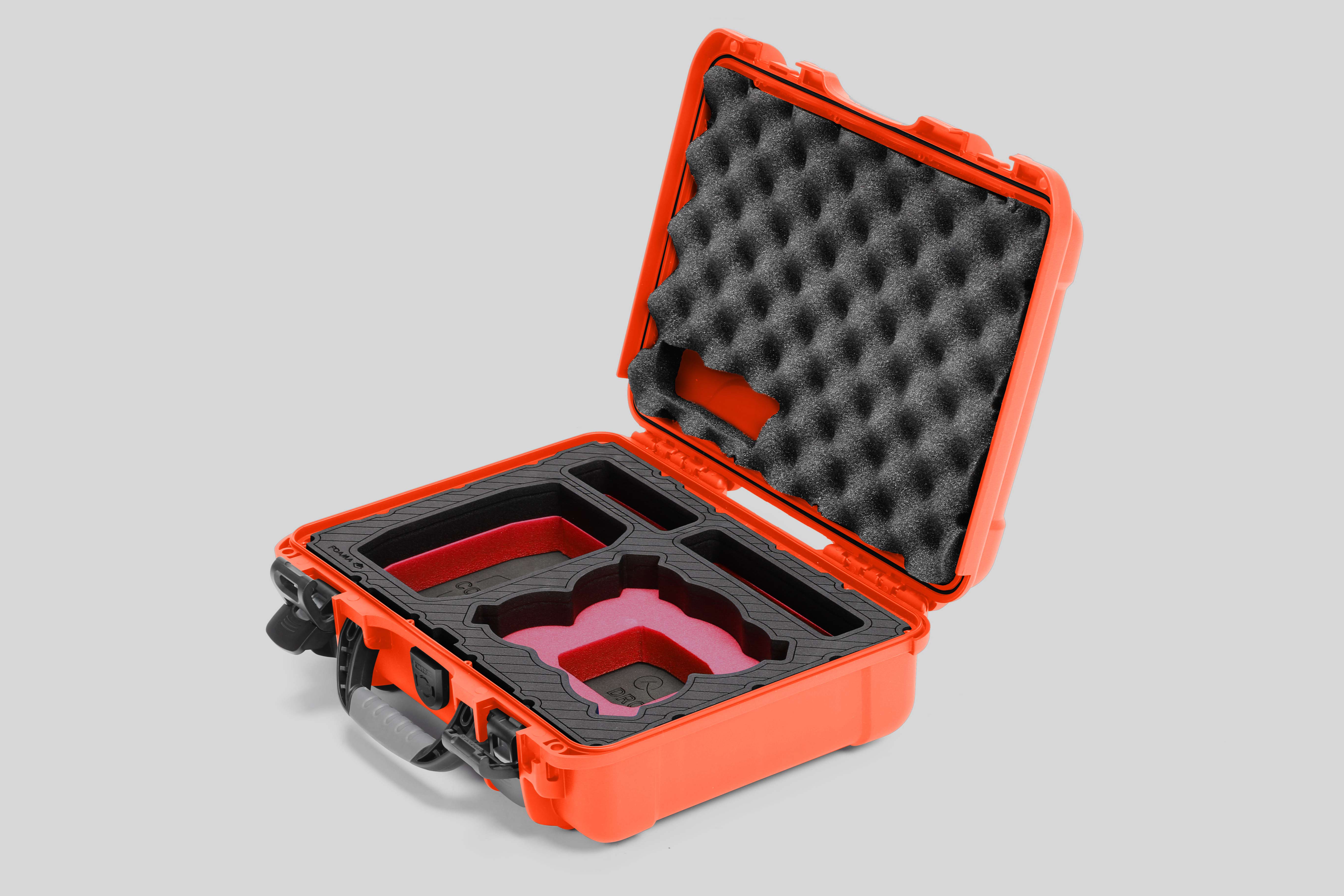 Angled view of Foama Orange Color All-Weather Carry-on Case and Custom Foam Insert with a Red Layer for DJI Neo