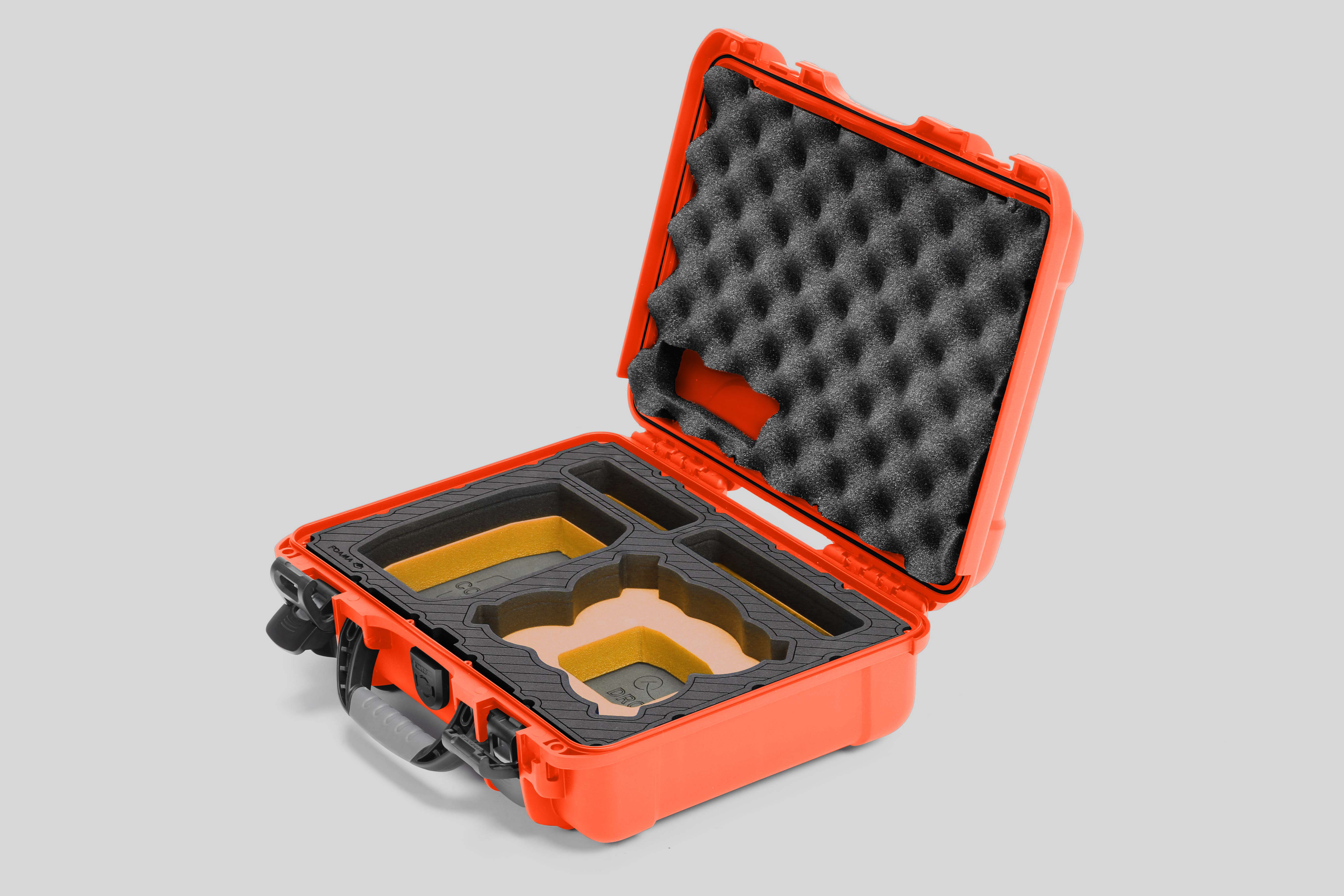 Angled view of Foama Orange Color All-Weather Carry-on Case and Custom Foam Insert with a Yellow Layer for DJI Neo