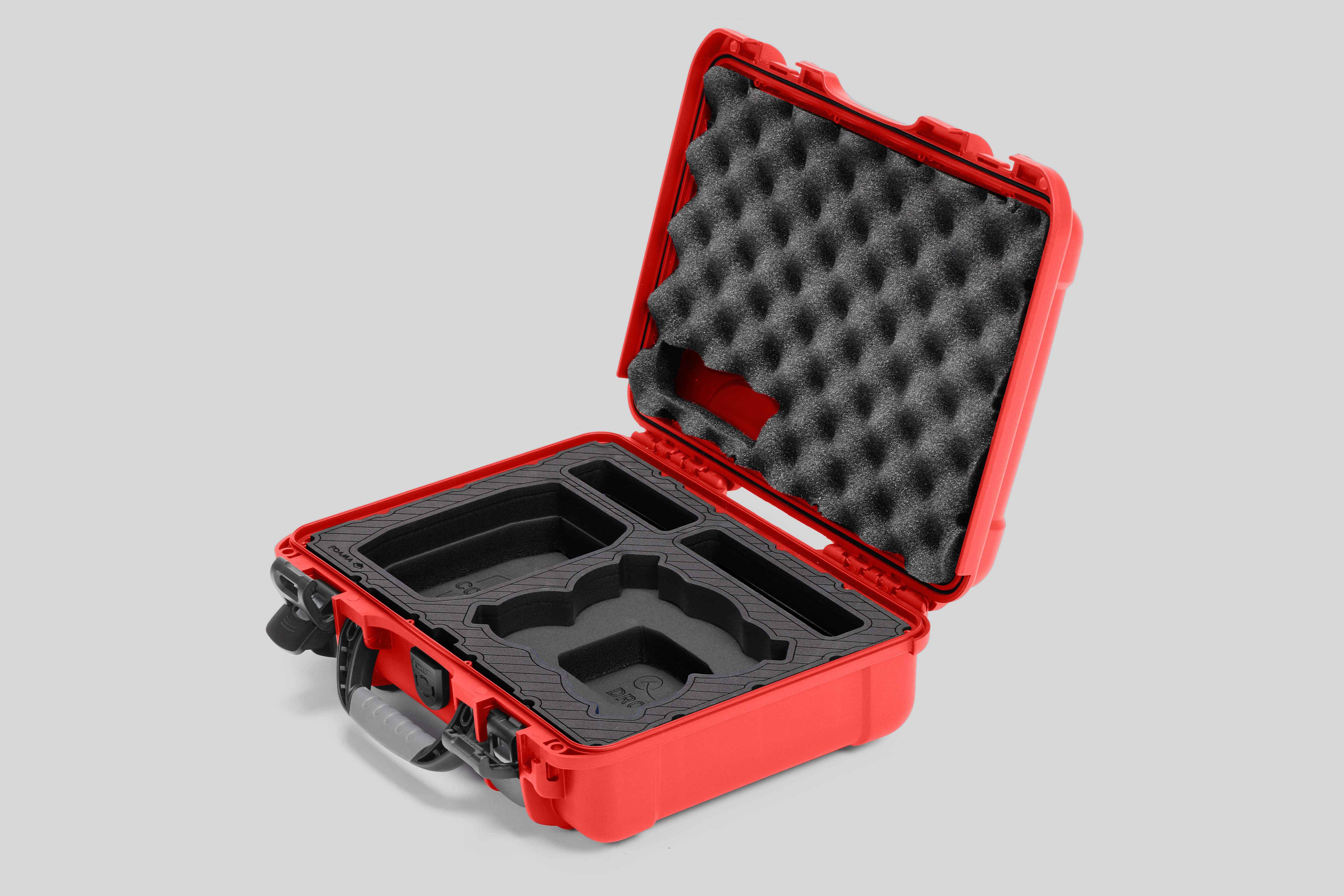 Angled view of Foama Red Color All-Weather Carry-on Case and Black Custom Foam Insert for DJI Neo
