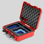 Angled view of Foama Red Color All-Weather Carry-on Case and Custom Foam Insert with a Blue Layer for DJI Neo