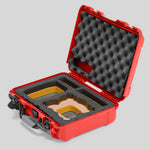 Angled view of Foama Red Color All-Weather Carry-on Case and Custom Foam Insert with a Yellow Layer for DJI Neo