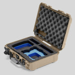 Angled view of Foama Tan Color All-Weather Carry-on Case and Custom Foam Insert with a Blue Layer for DJI Neo