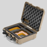 Angled view of Foama Tan Color All-Weather Carry-on Case and Custom Foam Insert with a Yellow Layer for DJI Neo