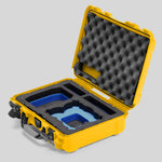 Angled view of Foama Yellow Color All-Weather Carry-on Case and Custom Foam Insert with a Blue Layer for DJI Neo