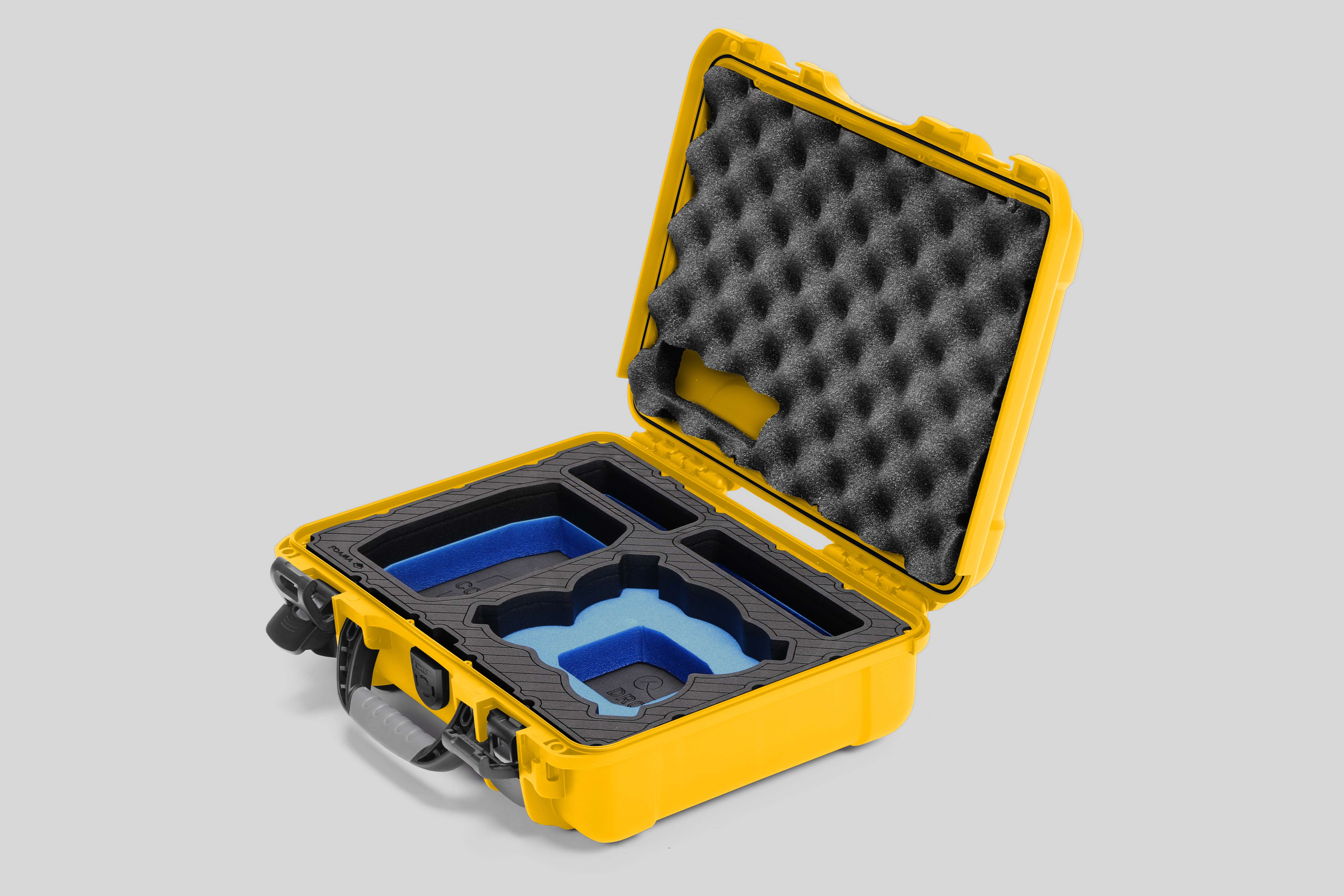 Angled view of Foama Yellow Color All-Weather Carry-on Case and Custom Foam Insert with a Blue Layer for DJI Neo